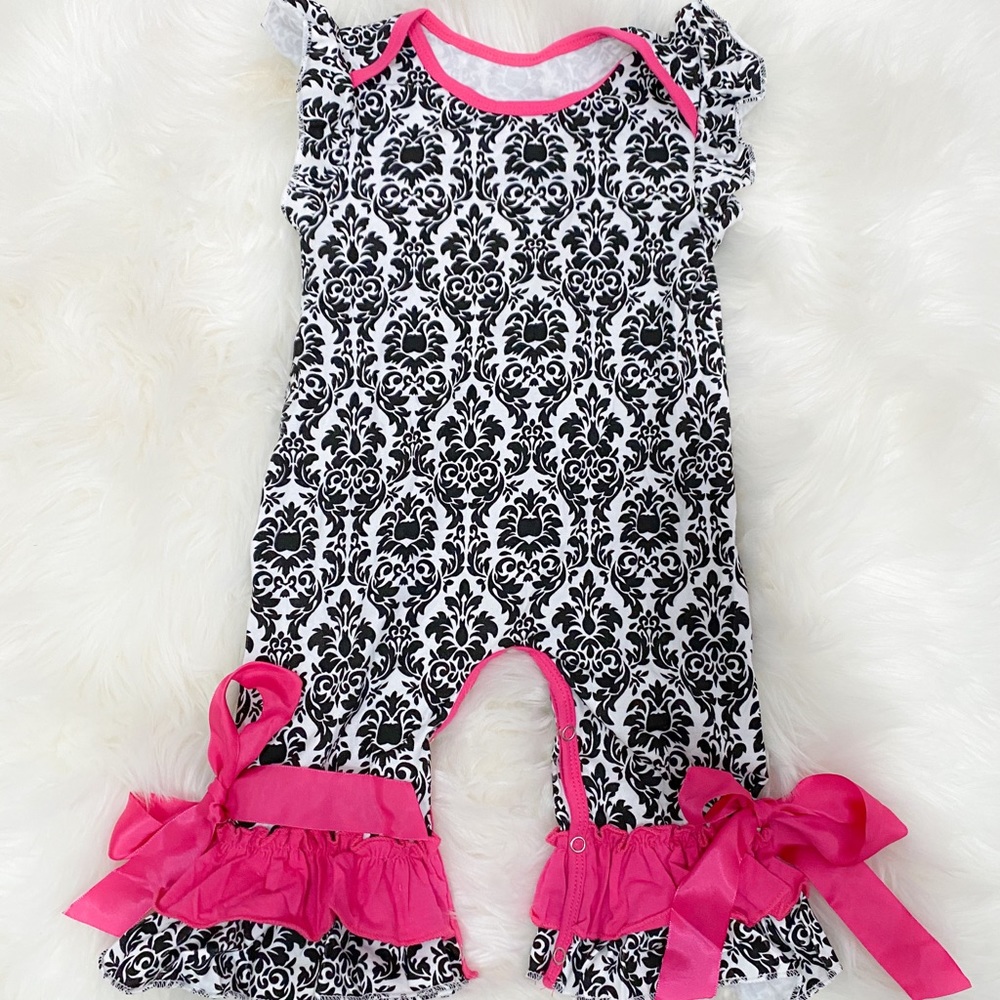Southern Demask Ruffle Romper with Ribbon Accents